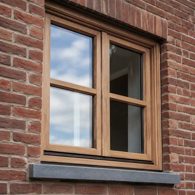 fenetre bois renovée facade brique rouge
